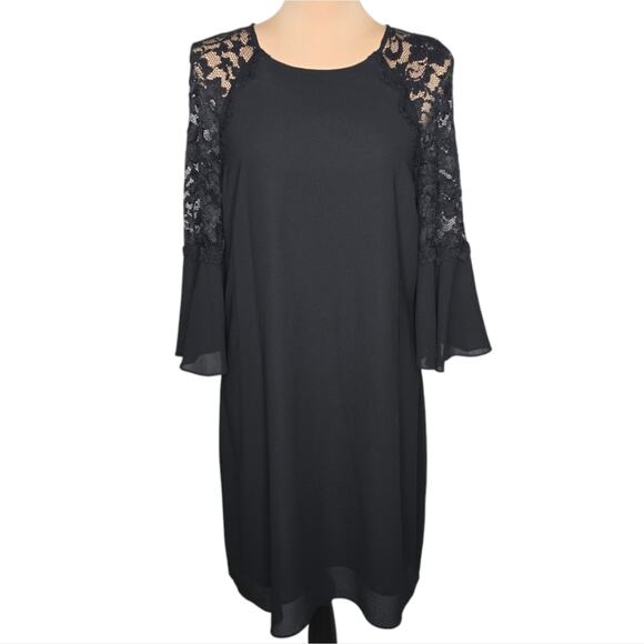 Belle Badgley‎ Mischka Mabel Dress Black Lace Bell Sleeves Size 10 NWT - Picture 1 of 12